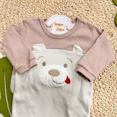 Conj. Body Manga Longa e Calça Ursinho - Cor Gelo e Cappuccino 